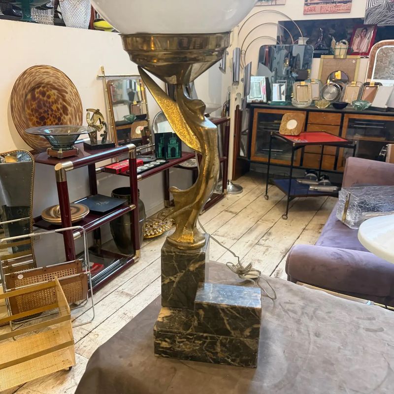 1930s Art Deco Black Marble, Gilded Metal and Milk Glass Italian Table Lamp