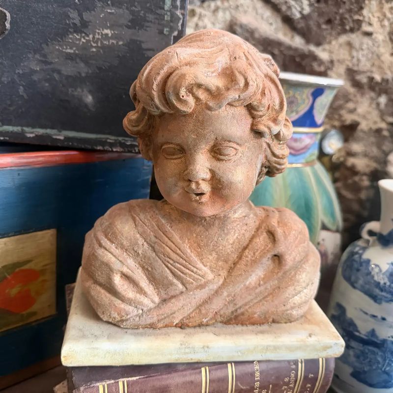 1930s Mixed Stone Sicilian Sculpture of a Putto on a Marble Base