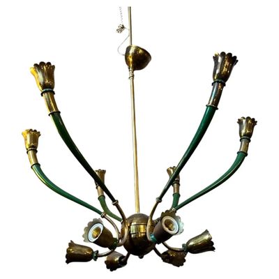 1960s Mid-Century Modern Green Painted Metal and Brass Italian Chandelier