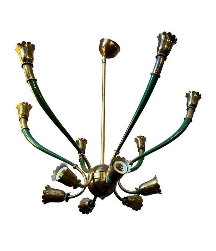 1960s Mid-Century Modern Green Painted Metal and Brass Italian Chandelier