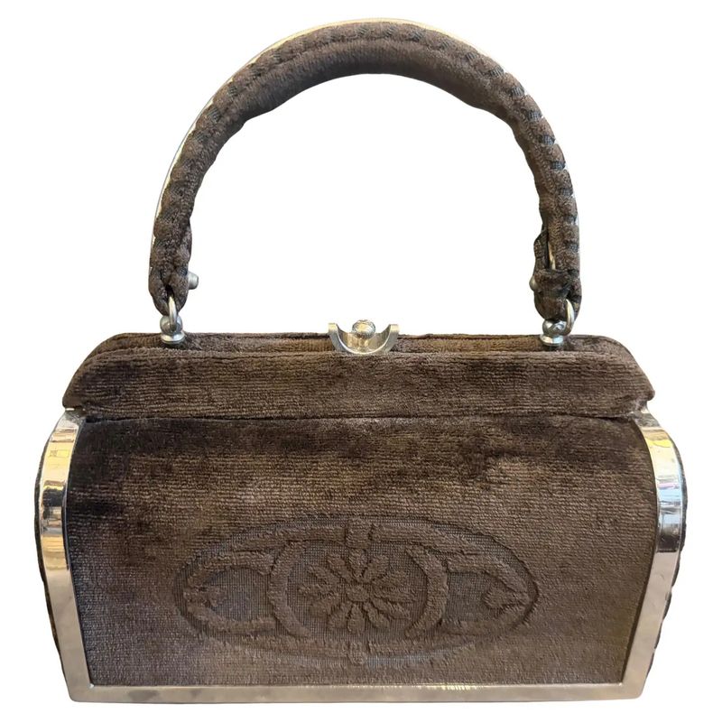 1970s High Quality Brown Cut Velvet and Silver Plated Metal Italian evening Bag