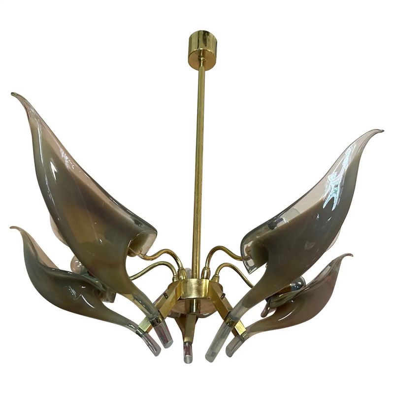 1970s Mid-Century Modern Brown Murano Glass and Brass Chandelier by Franco Luce