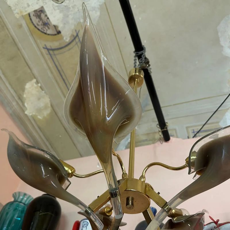 1970s Mid-Century Modern Brown Murano Glass and Brass Chandelier by Franco Luce