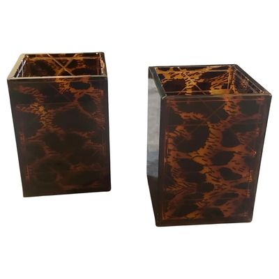 Two 1980s Mid-Century Modern Faux Leopard Lucite Containers Signed Dior Home