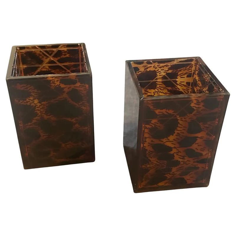 Two 1980s Mid-Century Modern Faux Leopard Lucite Containers Signed Dior Home