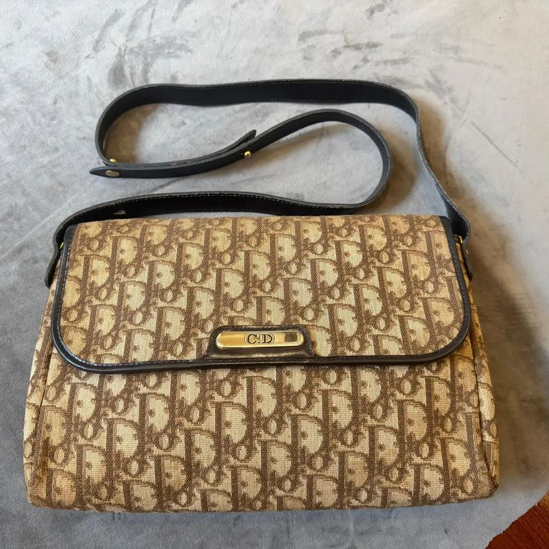 1980s Vintage Christian Dior Oblique Trotter Canvas Shoulder Bag