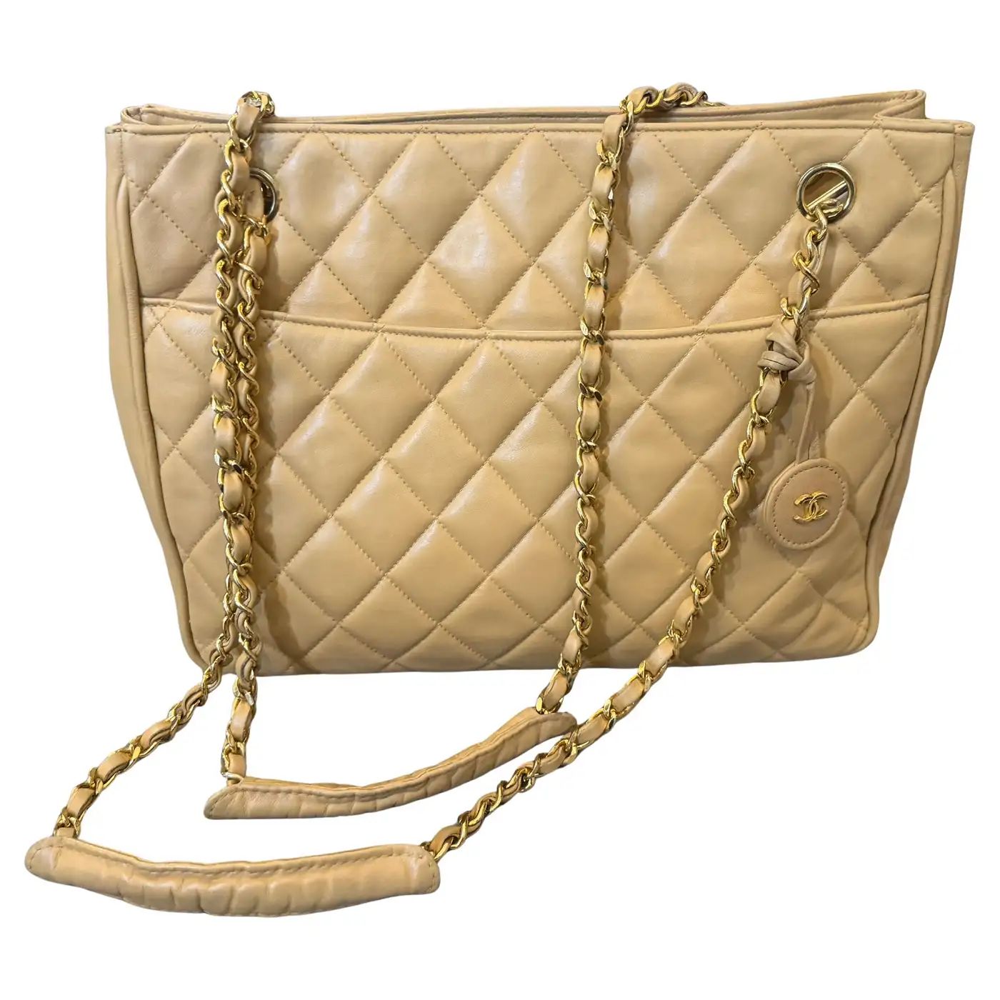 1980s Vintage Beige Lambskin Leather and Brass Hand-Bag by Chanel 1980s Vintage Beige Lambskin Leather and Brass Hand-Bag by Chanel