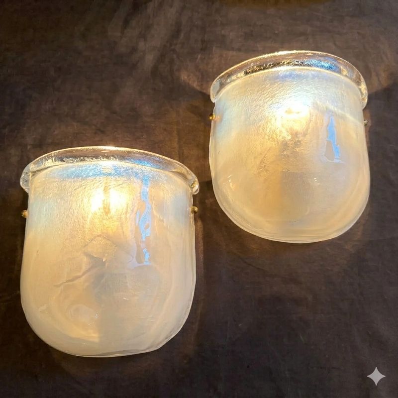 1990s Mid-Century Modern Barovier Style Murano Glass and Brass Wall Sconces