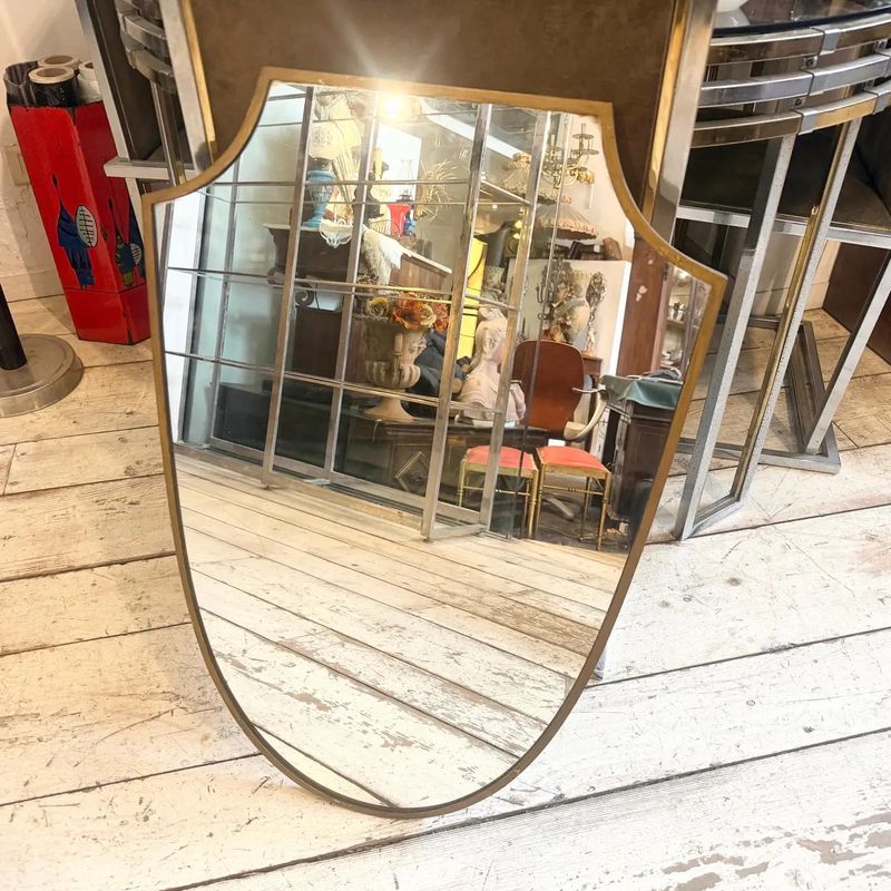 1950s Gio Ponti Style Mid-Century Modern Brass Shield Italian Wall Mirror
