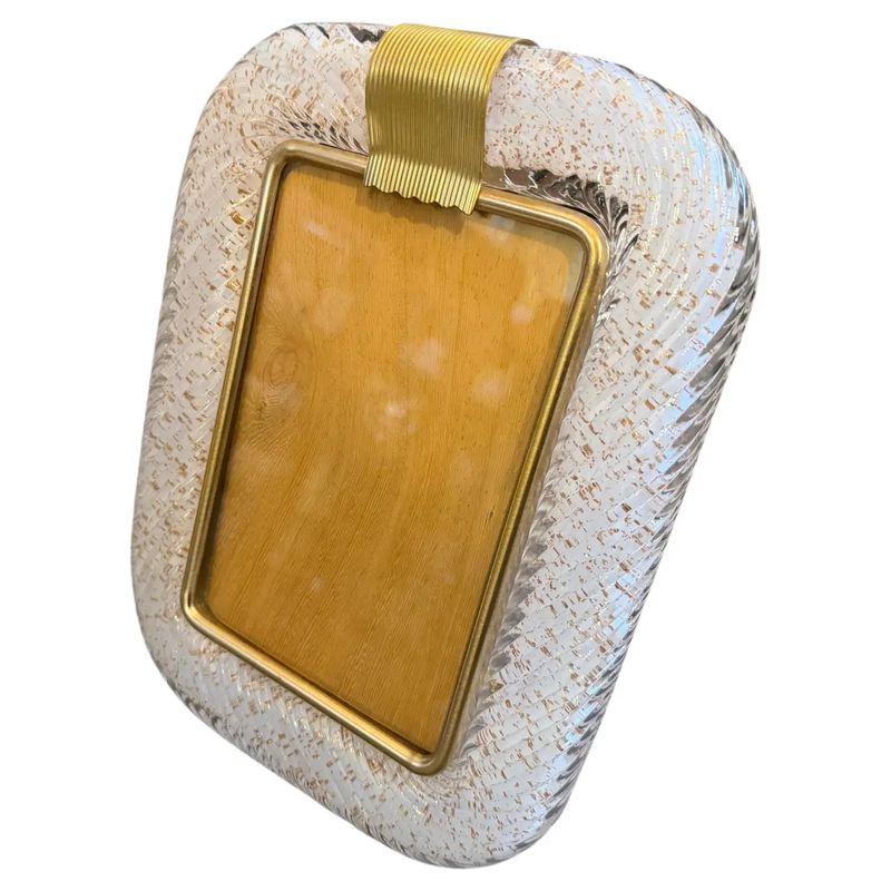 1990s Barovier Style Art Deco White and Gold Murano Glass Picture Frame