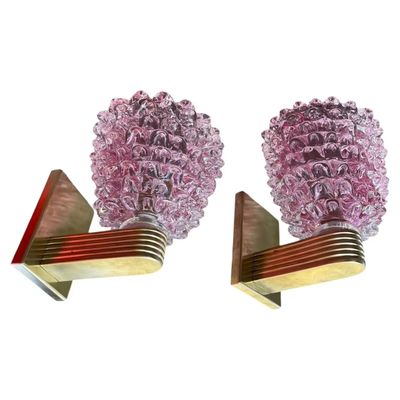 Two 1990s Barovier Style Art Deco Rostrato Pink Murano Glass Wall Sconces