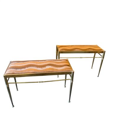 Two 1950s Mid-Century Modern Brass and Brown Velvet Rectangular Italian Stools