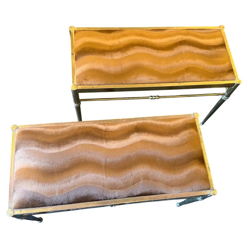 Two 1950s Mid-Century Modern Brass and Brown Velvet Rectangular Italian Stools
