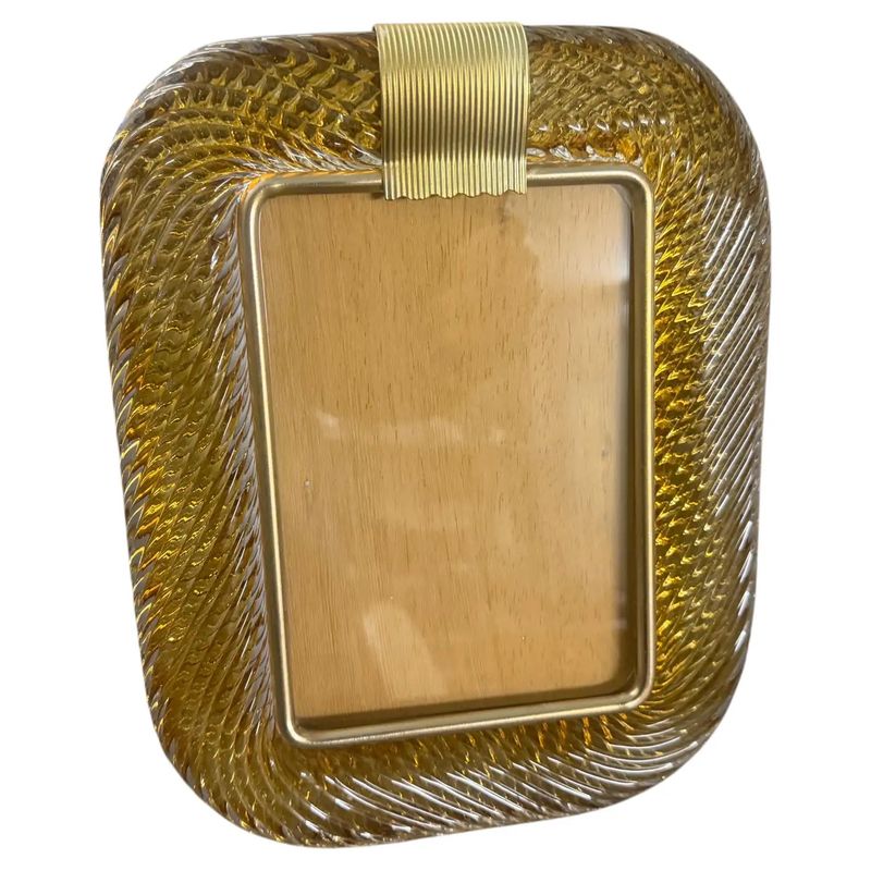 1990s Barovier Style Art Deco Amber Murano Glass and Brass Picture Frame