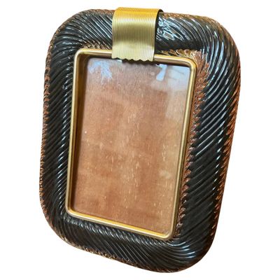 1990s Barovier Style Art Deco Black Murano Glass and Brass Picture Frame