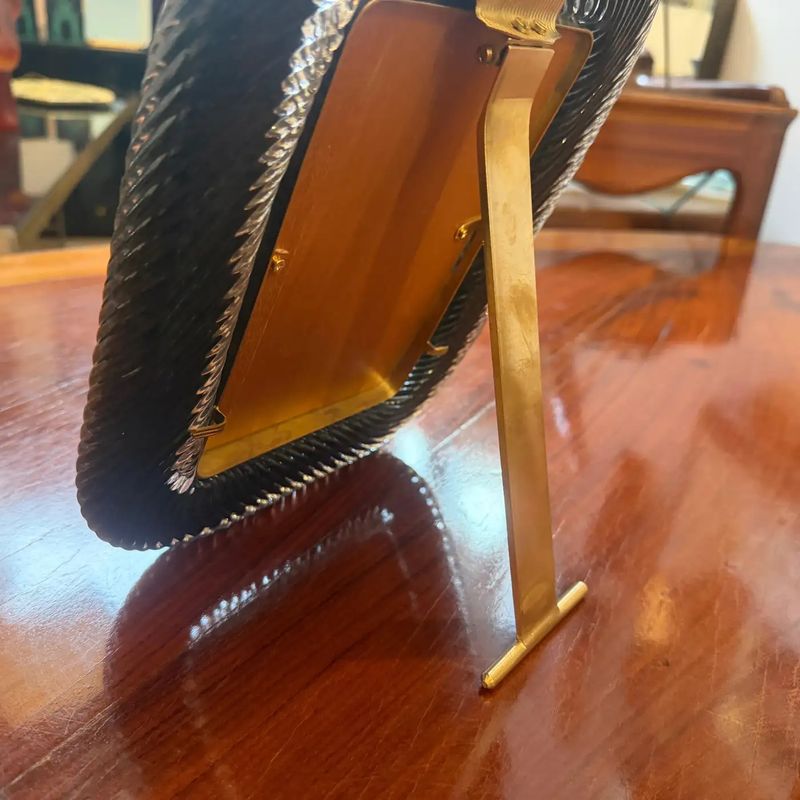1990s Barovier Style Art Deco Black Murano Glass and Brass Picture Frame