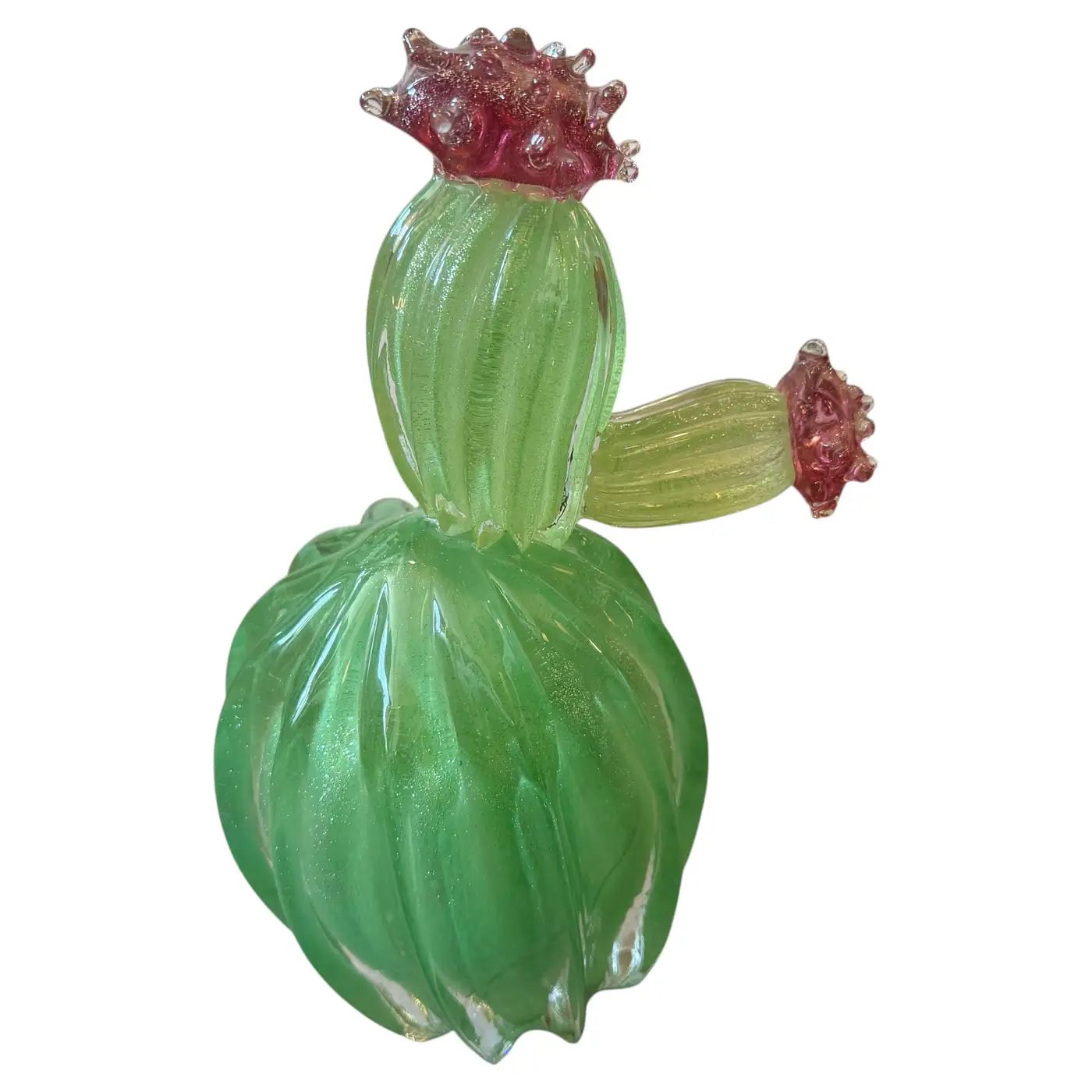 1990s Green Emerald and Amethyst Purple Murano Glass Flowering Cactus