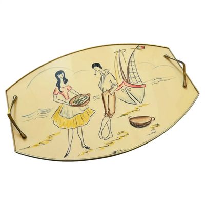 1950s Mid-Century Modern Brass and Lacquered Wood Italian Serving Tray