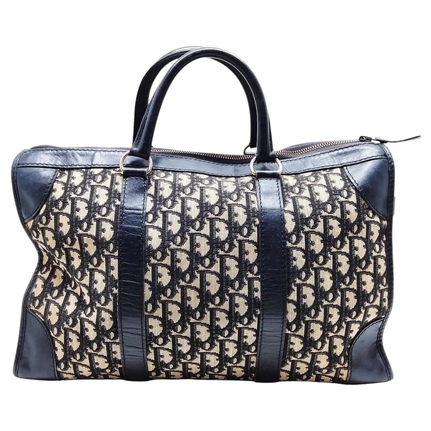 A 1980s Vintage Christian Dior Oblique Monogram Blue Canvas Boston Hand Bag