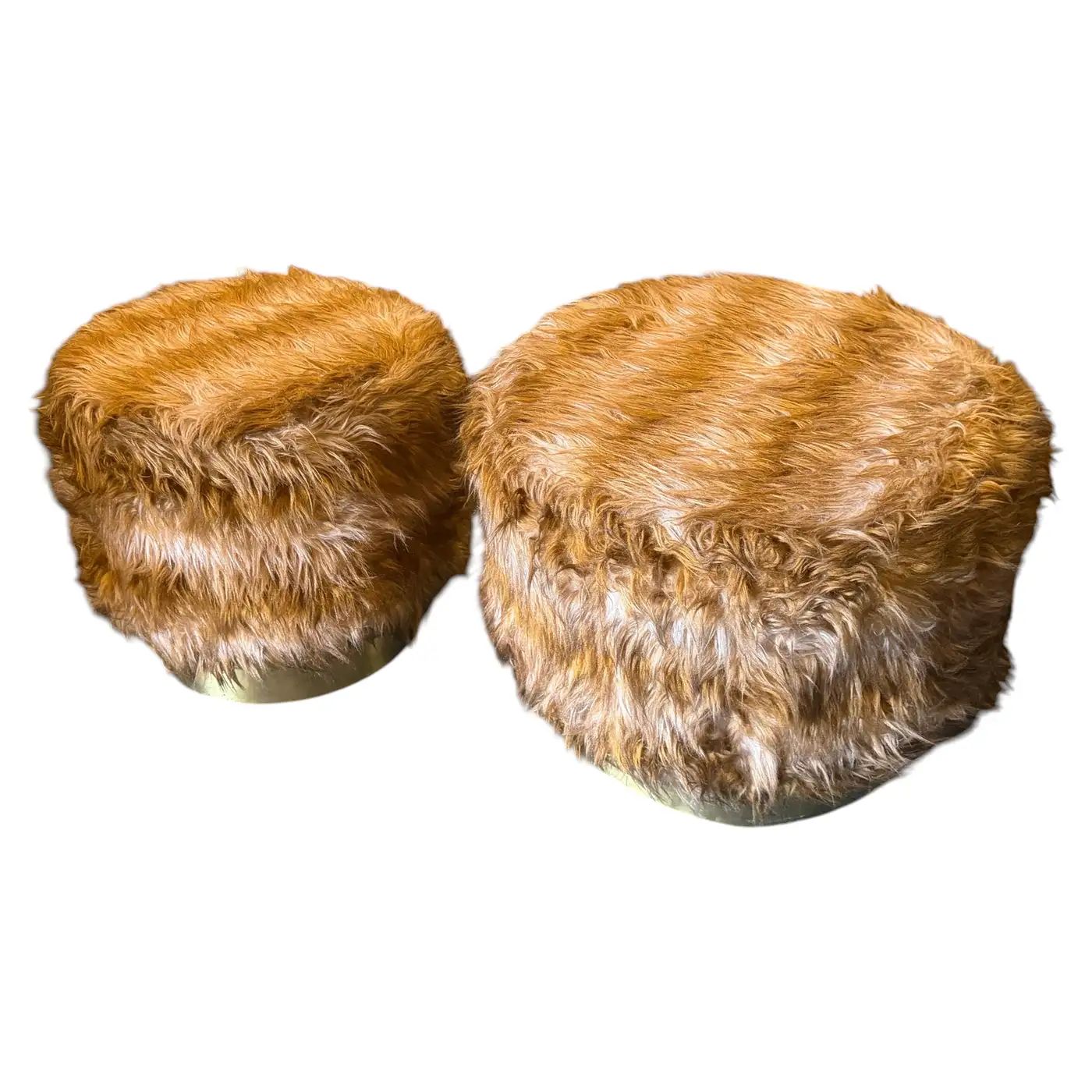 Two 1970s Mid-Century Modern Brass and Fabric Poufs " Him and Her "