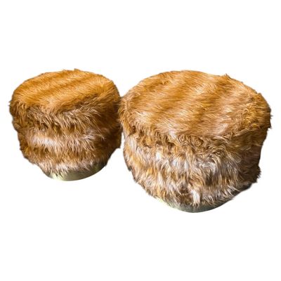 Two 1970s Mid-Century Modern Brass and Fabric Poufs " Him and Her "
