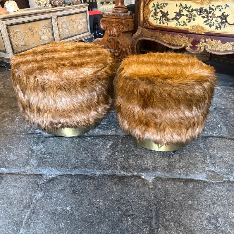 Two 1970s Mid-Century Modern Brass and Fabric Poufs " Him and Her "