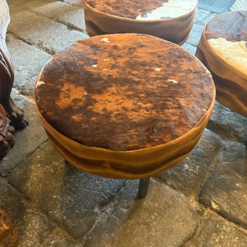 Set of Three 1980s Cow Leather Italian Round Poufs