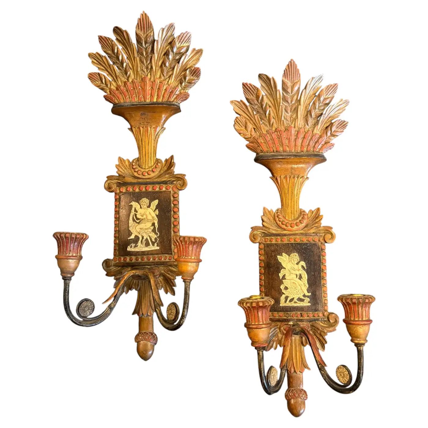 Two 1950s Neo Classic Style Lacquered Wood Florentine Wall Sconces Two 1950s Neo Classic Style Lacquered Wood Florentine Wall Sconces