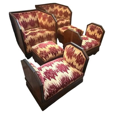 An Italian 1930s Wood and Original Fabric 6 Pieces Living Room Set