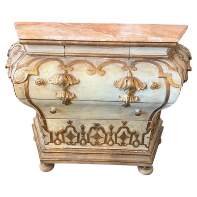 An Original Baroque Lacquered and Gilt Wood and Marble Venetian Chest of Drawers