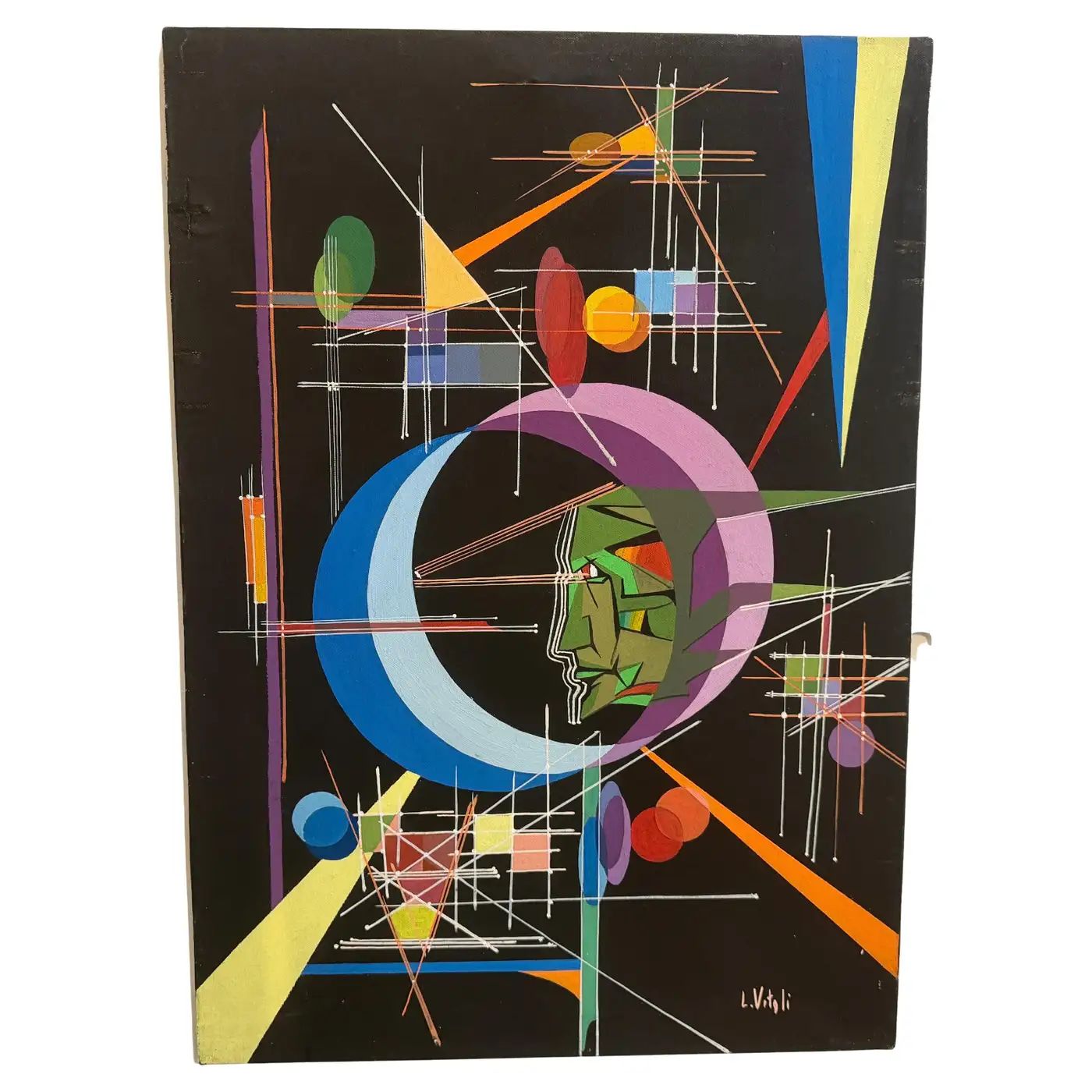 A 1980s Kandinsky Style Futurist Abstract Italian Oil Painting by Libero VItali
