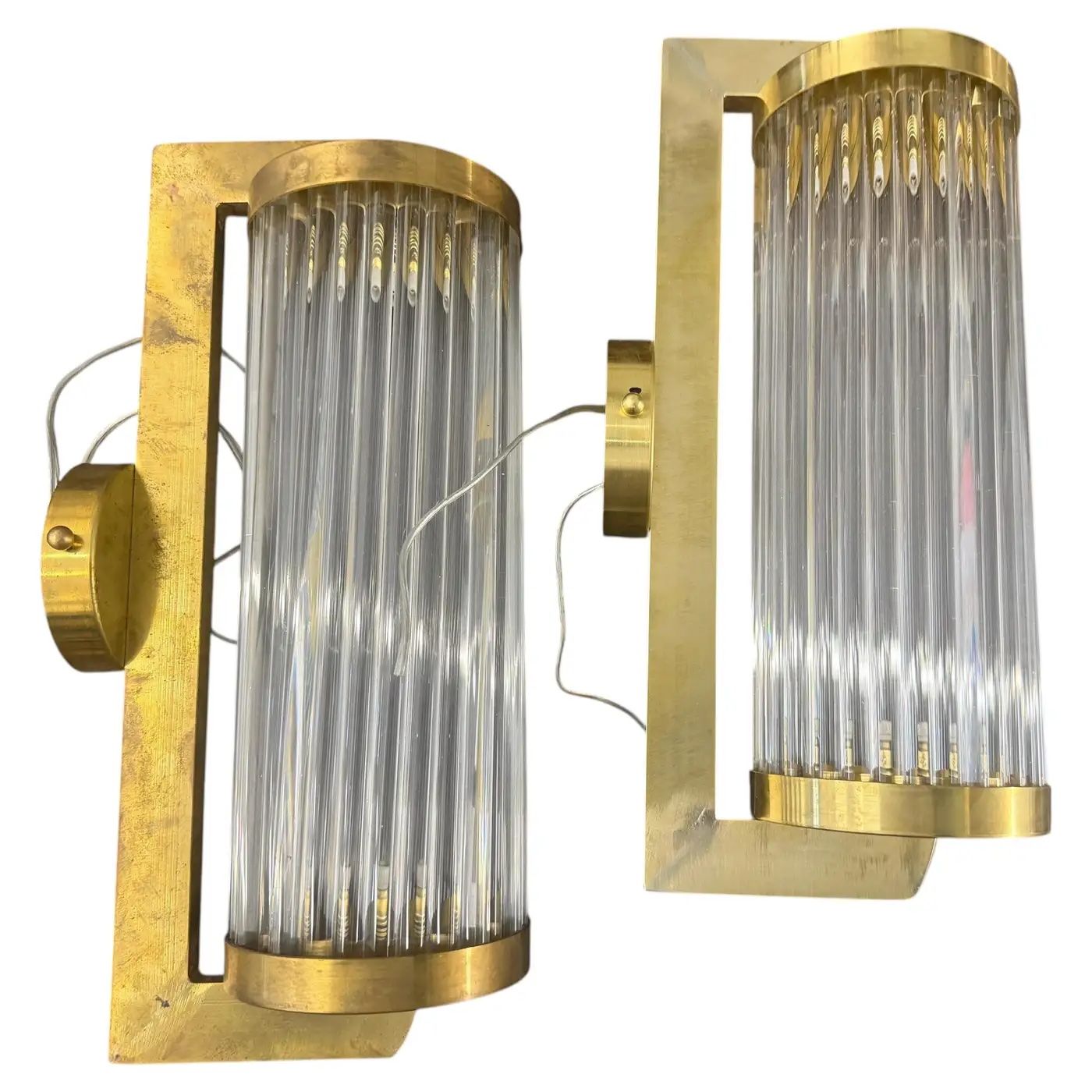 Two 1980s Art Deco Style Brass and Glass Italian Theater Wall Sconces