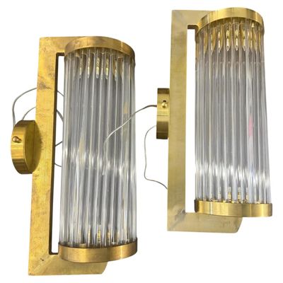 Two 1980s Art Deco Style Brass and Glass Italian Theater Wall Sconces
