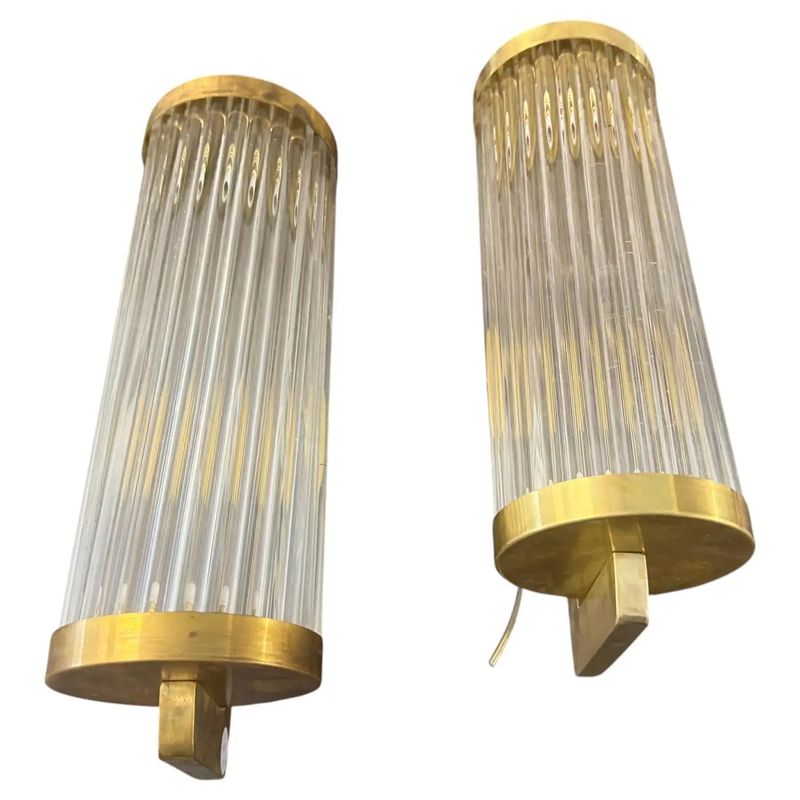 Two 1980s Art Deco Style Brass and Glass Italian Theater Wall Sconces