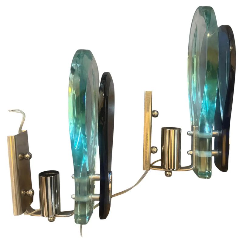 Two 1960s. Space Age Steel and Blue and Verde Nilo Glass Wall Sconces by Veca