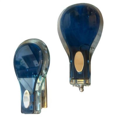 Two 1960s. Space Age Steel and Blue and Verde Nilo Glass Wall Sconces by Veca
