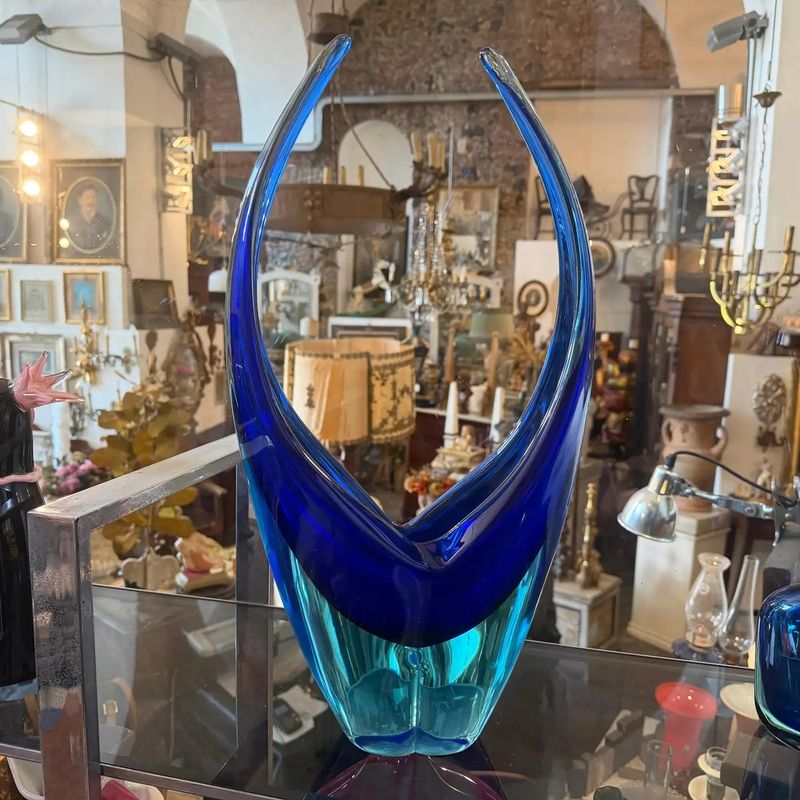 1960s Blue and Turquoise Heavy Murano Glass Huge Centerpiece by Flavio Poli