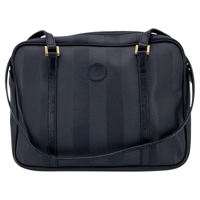 A 2000s Fendi Black Pequin Canvas and Leather Shoulder Bag