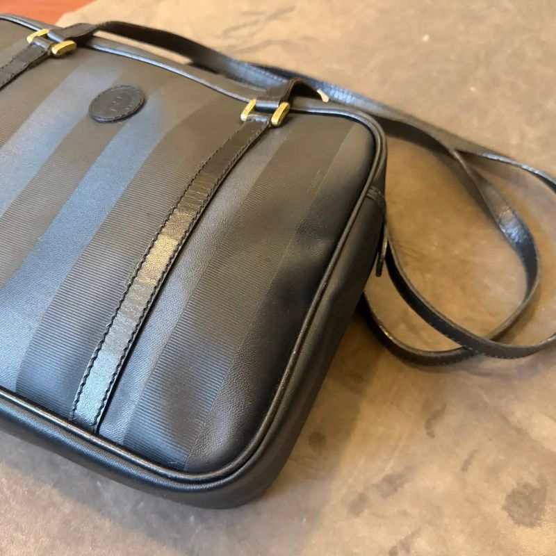 A 2000s Fendi Black Pequin Canvas and Leather Shoulder Bag
