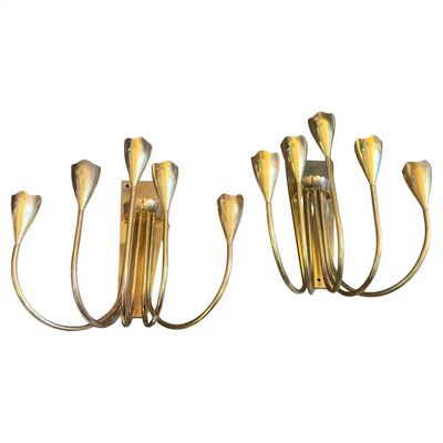 Set of Two 1940s Gio Ponti Style Mid-Century Modern Solid Brass Wall Sconces