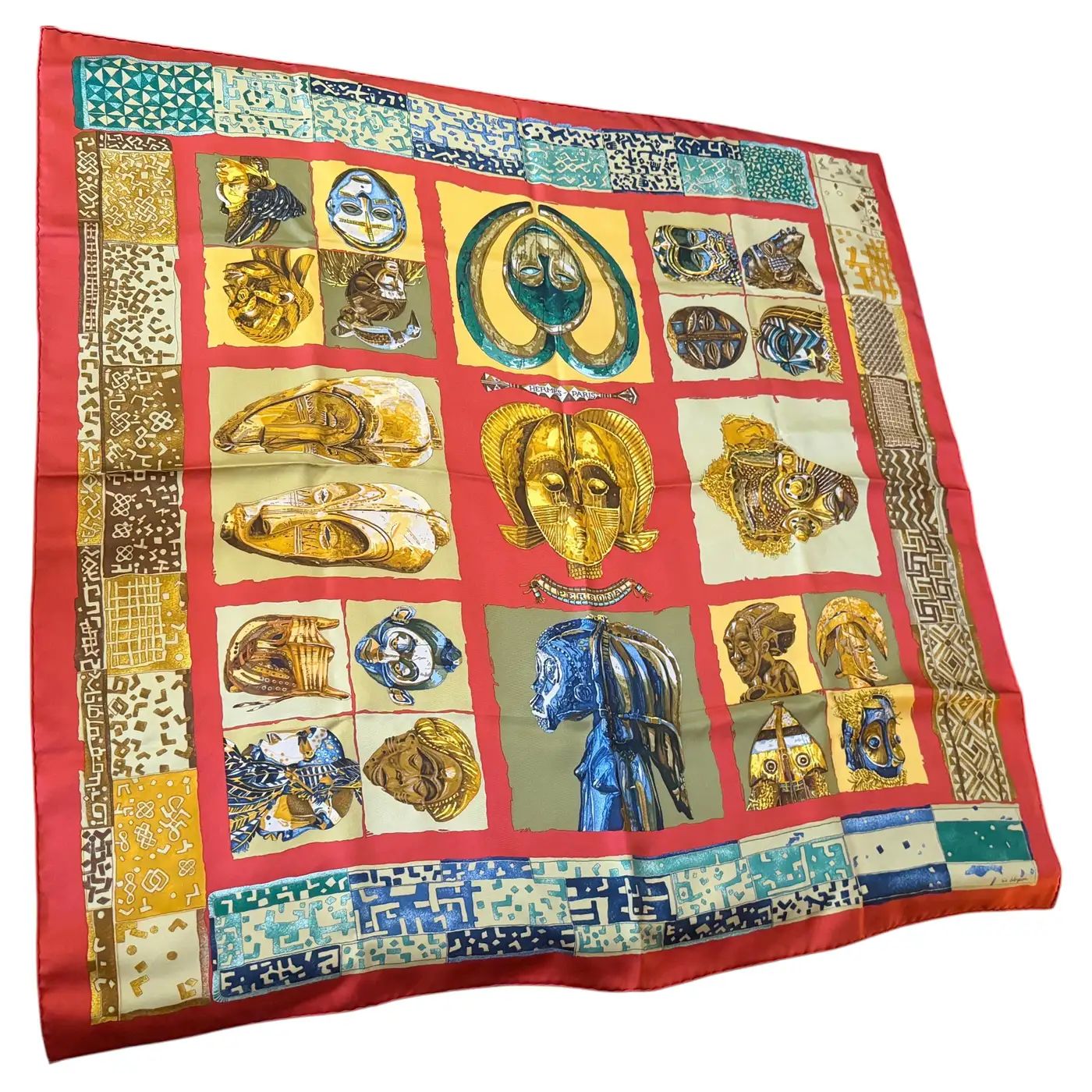 A 1982 Full Set Hermes Carrè Silk Scarf Masques et Casques by Julia Albadie A 1982 Full Set Hermes Carrè Silk Scarf Masques et Casques by Julia Albadie