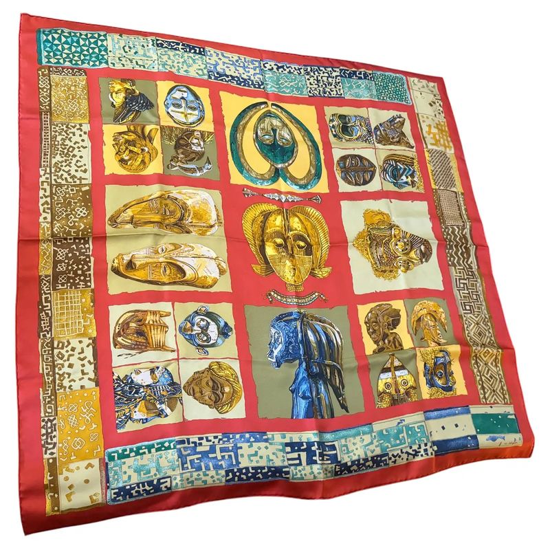 A 1982 Full Set Hermes Carrè Silk Scarf Masques et Casques by Julia Albadie