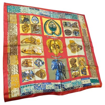 A 1982 Full Set Hermes Carrè Silk Scarf Masques et Casques by Julia Albadie