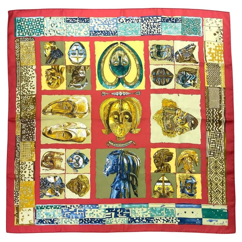 A 1982 Full Set Hermes Carrè Silk Scarf Masques et Casques by Julia Albadie