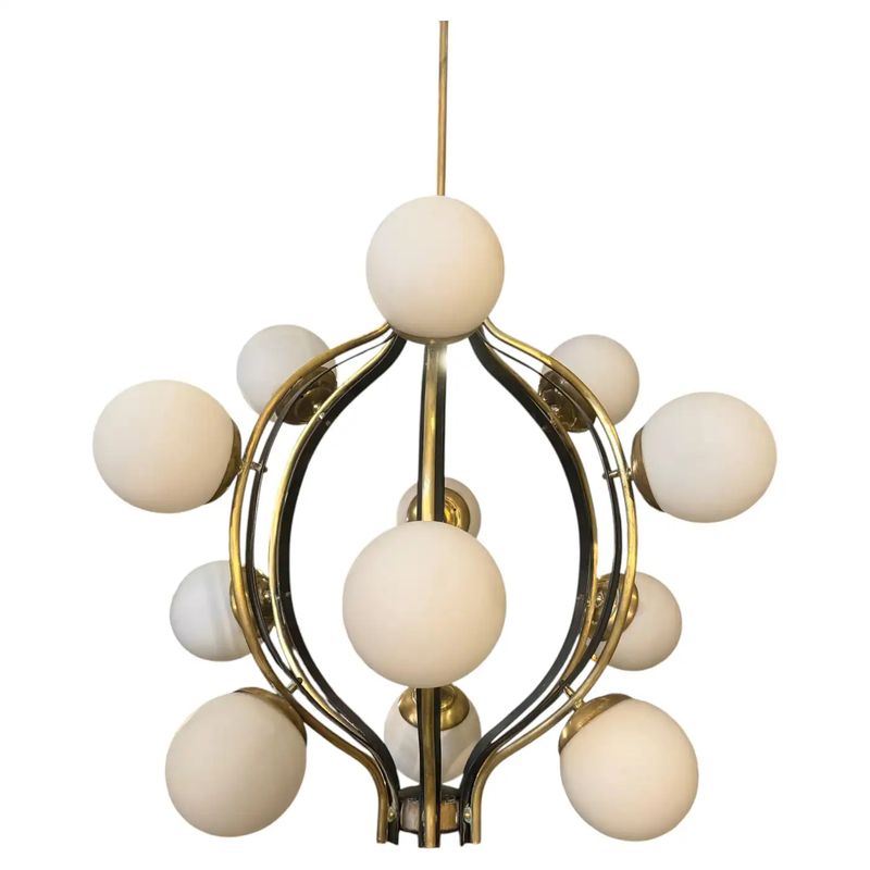 1950s Mid--Century Modern Brass and White Glass 12 Lights Chandelier by Stilnovo