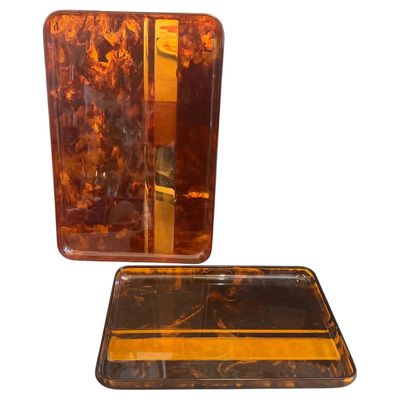 1970s Set of Two Mid-Century Modern Faux Tortoiseshell Lucite Trays By Guzzini