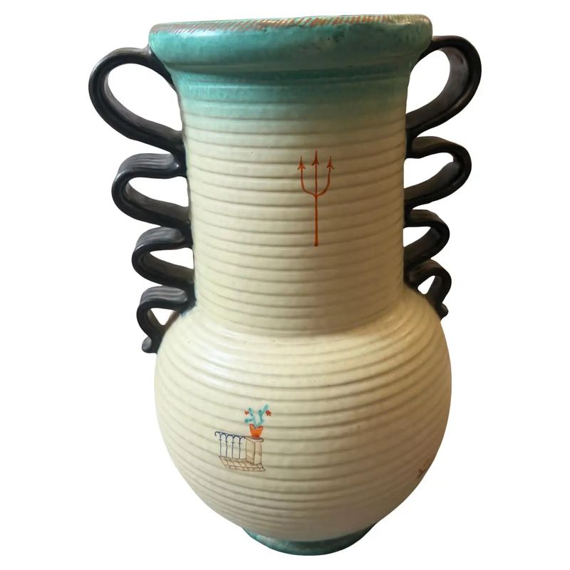 1930s Art Deco Hand Painted, Air Brushed Italian Futurist Ceramic Vase by Deruta