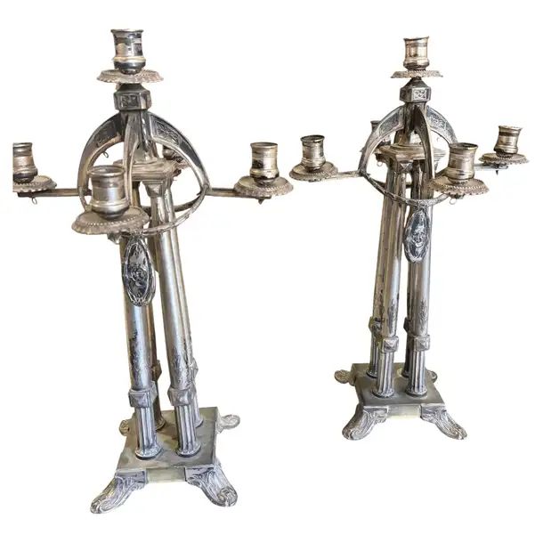 1900 Art Nouveau Silver Plated Five Arms German Candelabras