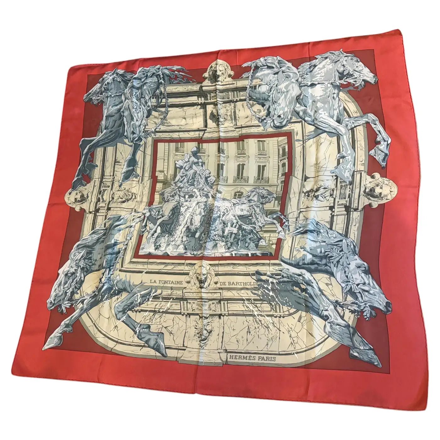 1995 Hermes Silk Carrè Scarf La Fontaine de Bartholdi
