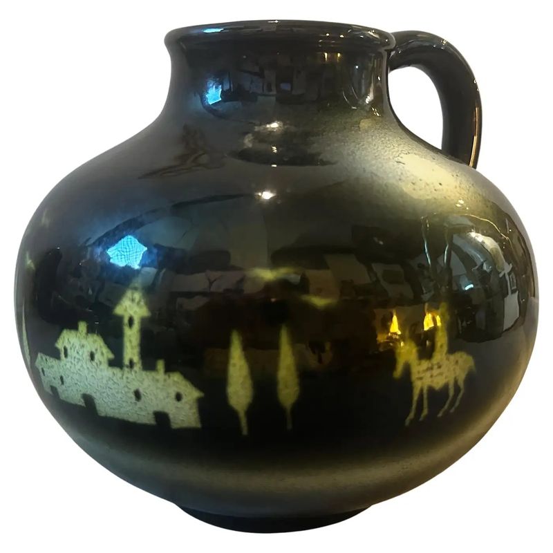 1930s Art Deco Air Brushed Black and Yellow Ceramic Italian Jug by Icap